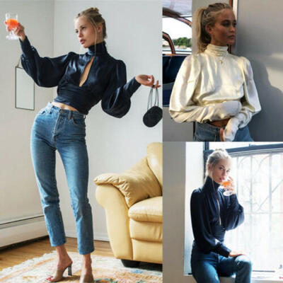 

Women Shirt Sexy Hollow Satin Blouse Casual Long Sleeve Office Lady Elegant Tops