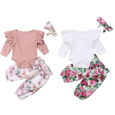 

Newborn Baby Girl Long Sleeve Romper Printing Pants Headband Outfits Clothes Hot