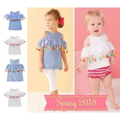 

Cute Kids Baby Girl Outfit Shirt Off-shoulder Tassels T-shirt Tops Clothes