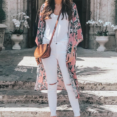 

Women Kimono Cardigan Floral Print 34 Sleeves Boho Loose Long Bikini Cover Ups Beachwear