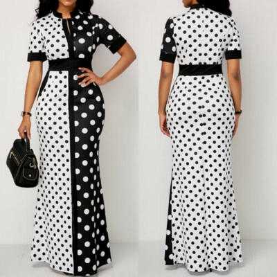 

Women Bodycon Dress Polka Dot Short Sleeve Splice Party Long Dress Plus Size