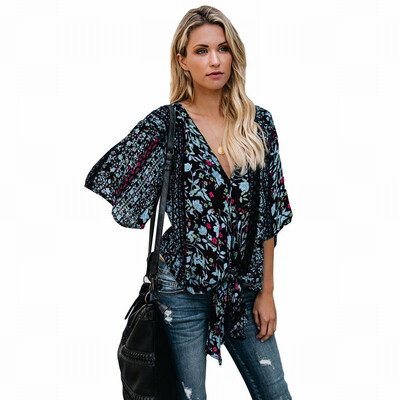 

V-neck cropped sleeve floral print knotted bohemian top