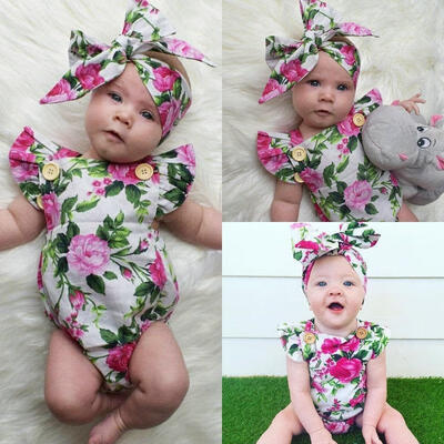 

Infant Baby Girl Floral Romper Jumpsuit Bodysuit Headband Outfits Sunsuit Set