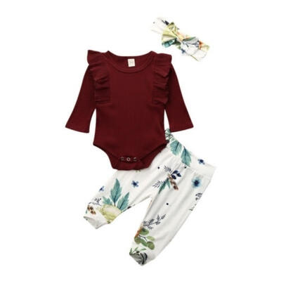 

3Pcs New Toddler Baby Girl Ruffled Romper BodysuitFloral PantsHeadband Infant Outfit Clothes 0-18M