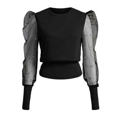 

Womens Mesh Sheer Puff Sleeve T Shirt Long Sleeve Sexy Blouse Slim Club Tops