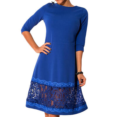 

Large Size Solid Color Slim Dress Women Hollowed Lace Round Neck Dresses