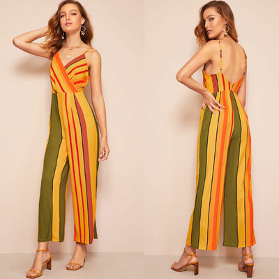 

Starmoon Women Sleeveless V-neck Multicolor Striped Strappy Casual Long Party Jumpsuit