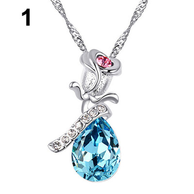

Womens Fashion Tear Drop Rhinestone Rose Flower Pendant Chain Necklace Gift