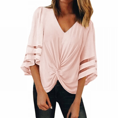 

Loose shirt Womens spring V-neck hollow half-sleeve top