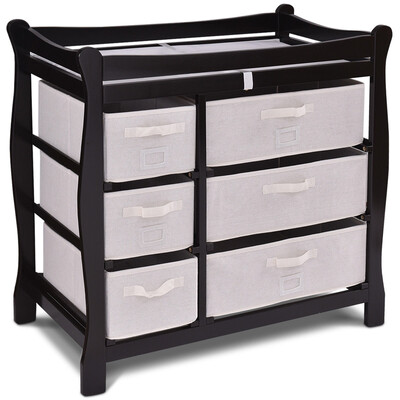 

Sleigh Style Baby Changing Table Diaper 6 Basket Drawer Storage Nursery-coffee