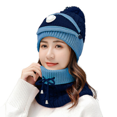 

Autumn&Winter New Womens Hat Fur Ball Head Cap Neck&Mask Three-piece Suit Warm&Cold-proof Woman Knitted Cap