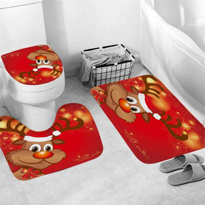 

〖Follure〗3Pcs Christmas shower Curtain Bathroom Anti-slip Carpet Rug Toilet Cover Mat Set
