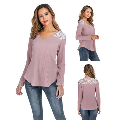 

Women Autumn Concise Casual Lace Long Sleeve Round Collar Tops