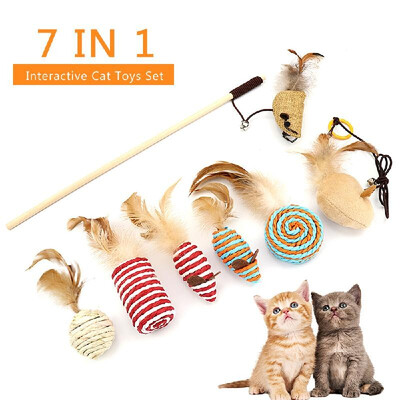 

7 IN 1 Interactive Cat Toys Feather Teaser Wand Sisal Mouse Sisal Ball Plush Mouse with Bell Toy for Cats Kittens