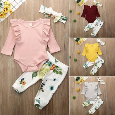 

AU Infant Baby Girl Ruffle Knitted Romper Flower Long Pants Headband Clothes Set