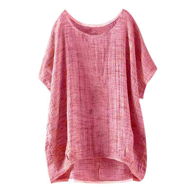 

Women Cotton Linen Short Sleeve T-Shirt O Neck Loose Plus Size Summer Tees