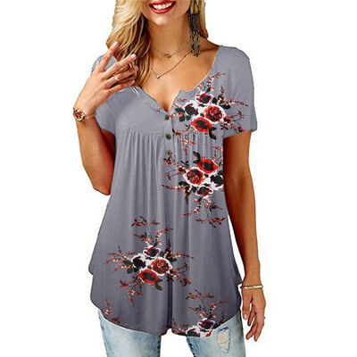

Womens Summer Floral V Neck Blouses Loose Baggy Tops Tunic T Shirts Plus Size
