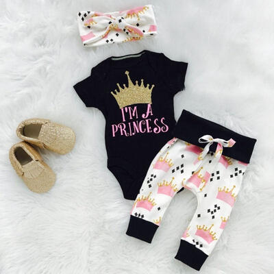 

Newborn Baby Girls Princess Crown Print RompersPantsHeadband 3pcs Outfits Set 0-18Months
