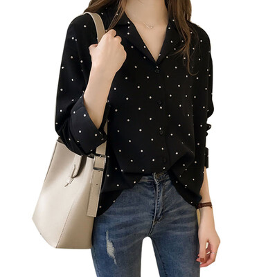 

Women Casual V-Neck Top Long Sleeves Blouses Spring Summer Chiffon Polka Dots Shirt