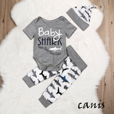 

3PCS Funny Newborn Baby Boy Girl Shark Doo Romper BodysuitLong Pants Hat Outfit