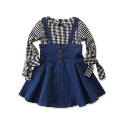 

US Baby Girls Checked Denim Dress Princess Party Dresses Kids Clothes Sundress