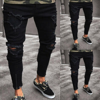 

Stylish Mens Cutout Skinny Jeans Destroy Frayed Slim Jeans Elastic Trousers US