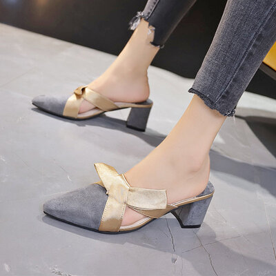 

Sandals for women wearing half-slippers fashionable high-heeled pointed thick-heeled bald-toed shoes