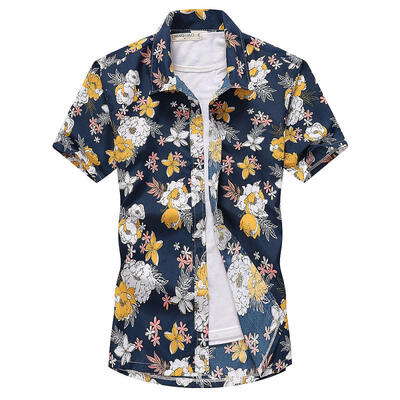 

Men Fashion Summer Leaves Flower Print Loose Short Sleeve Shirt Male Hawaiian Style Beach Shirt
