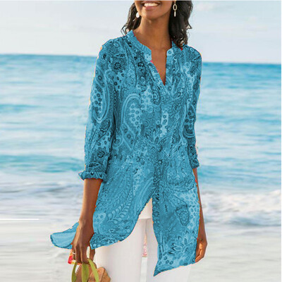 

Starmoon Women Casual Plus Size Retro Print Splice Loose Daily Blouse Beach Shirt Tops