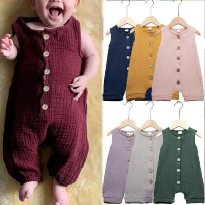 

Baby Kid Boy Girl Cotton Linen Sleeveless Romper Infant Suspender Jumpsuit 0-12M