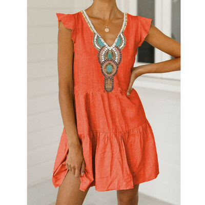 

Women Holiday Sleeveless V-neck Beach Bikini Cover Up Boho Linen Casual Beach Party Sun Mini Dress Sundress Kaftan