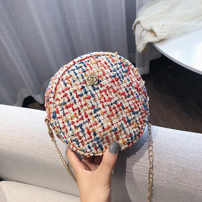 

Fashion wild personality small round bag 2019 new simple contrast color woven bag female Sen temperament chain Messenger bag