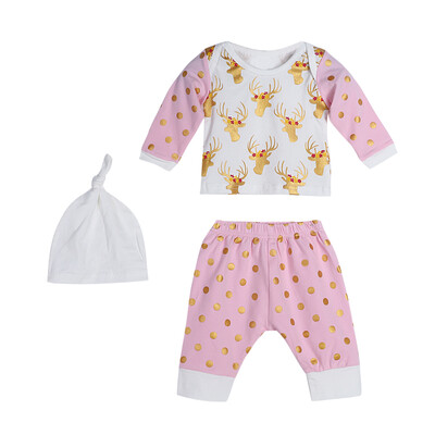 

3pcs Baby Infant Toddlers Deer Print Long Sleeve Tops Pants Hat Outfit Set