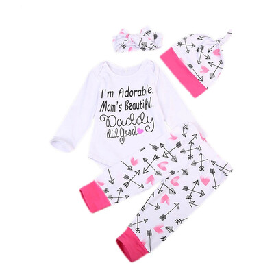 

Newborn Baby Girl Cotton Tops Romper Pants Hat Home Outfits Set Clothes
