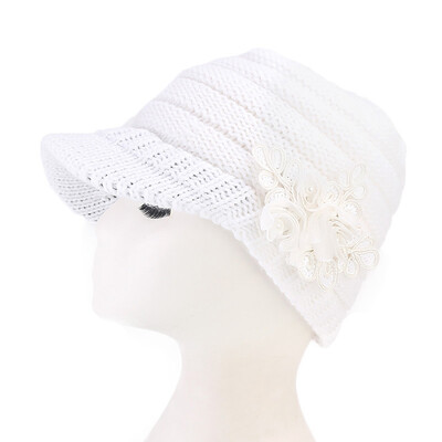

Women Warm Wool Hat Winter Flower Sequin Cap Crochet Knit Beanie Brim Hat