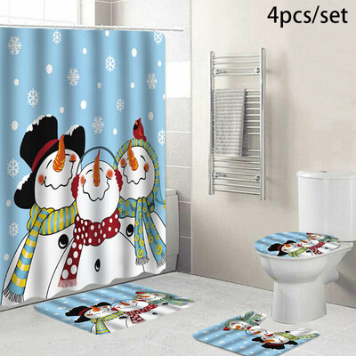 

Christmas Shower Curtain Snowman Bathroom Rug Mat Toilet Cover Modern Decoration
