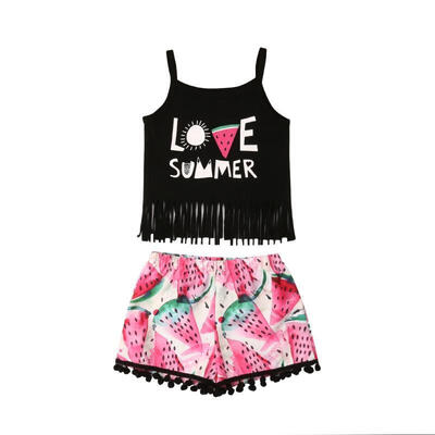 

Lovely Kid Baby Girls Summer Clothes Sets Sleeveless Letter Tank Tops Vest Watermelon Print Tassels Shorts 2Pcs Outfits 1-5Y