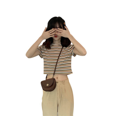 

Summer Womens Style Elegant Design Casual O Neck Striped Short Sleeve Stretch Pullover Crop Top T-Shirt