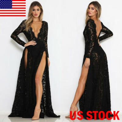 

US Women Long Elegant Formal Evening Party Dress Cocktail Prom Gown Lace Dress