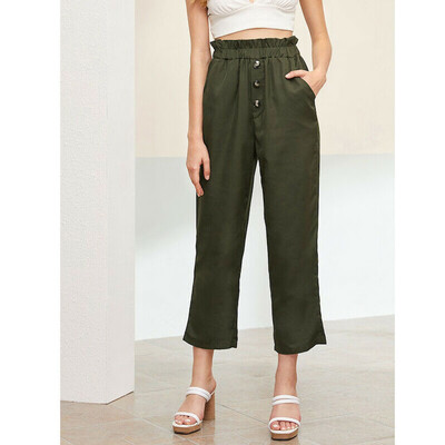

Summer Women Army Green Plain Frill Waist Button Front Crop Pants
