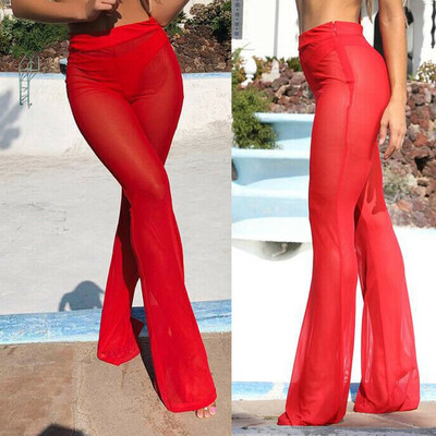 

Womens Flared Pants High Waist Leg Mesh Lace See Through Casual Long Trousers