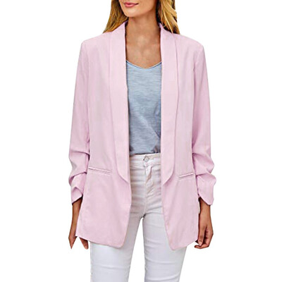 

Toponeto Womens Casual Blazer Ruched Long Sleeve Open Front Fit Office Cardigan Jacket
