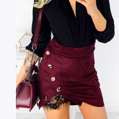 

Roseonmyhand Women Fashion Solid Lace Patchwork Button Zipper Sexy Pencil Skirt