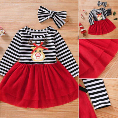 Kids Baby Girls Christmas Xmas Clothes Long Sleeve Dress Bow Headband 2Pcs Sets