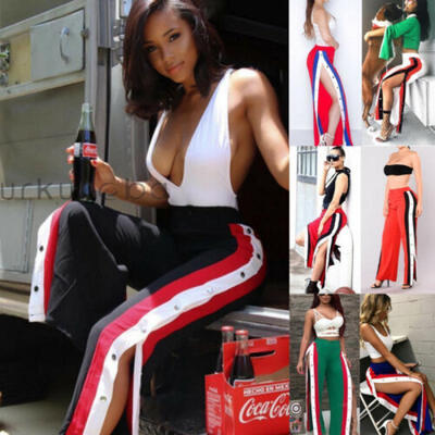 

New Womens Cut Split Side Buttons Wide Leg Jogger Casual Long Pants Trousers
