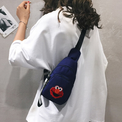 

Canvas small bag female new 2019 Korean version of the wild Harajuku student chest bag cartoon cute girl Sesame Street Pack
