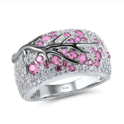 

925 Sterling Silver Fashion Plum Tree Branch Fushsia Flowers Blossom Bridal Diamond Jewelry