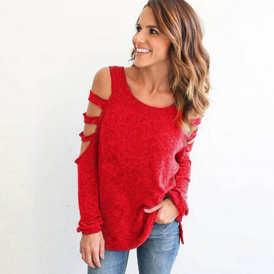 

Women Cold Shoulder Hollow Out Spring Autumn Long Sleeve T-Shirt Women Solid Color O Neck T-Shirt 7 Colors Plus Size