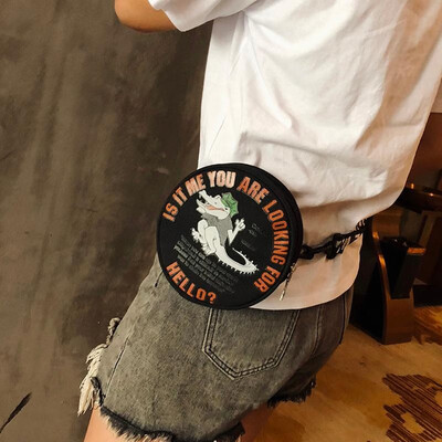 

Fashion Women Canvas Round Crossbody Bag Crocodile Letter Print Circular Circle Shoulder Waist Bag BlackWhite