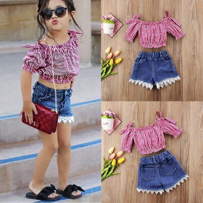 

Fashion Toddler Kid Girl Off Shoulder Top Shirt Lace Denim Shorts Outfit Clothes